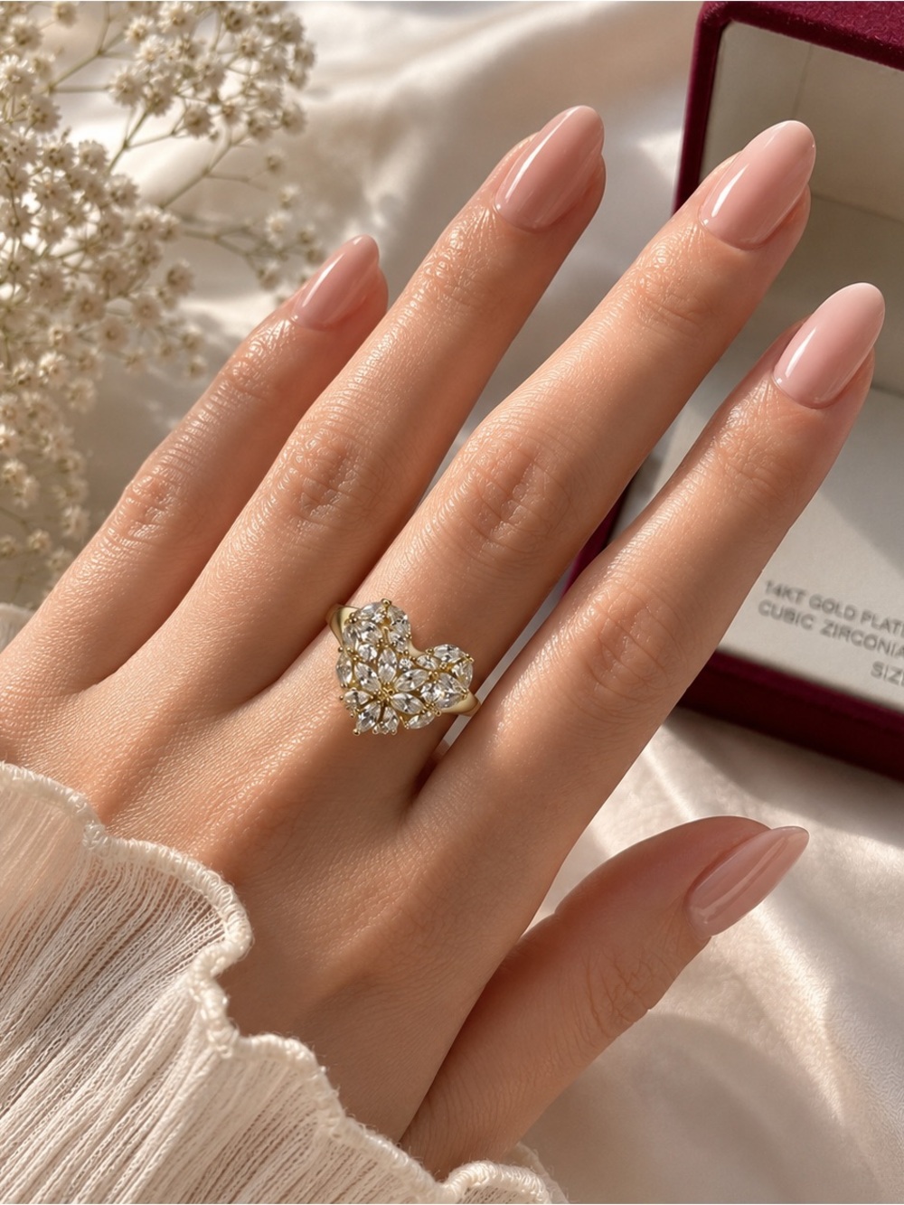Sparkle Allure 14K Gold Plated Clear CZ Heart Cluster Cocktail Ring Size 8